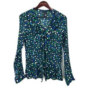 New Directions‎ Blouse Womens L Black Polka Dot Tie Neck Pleated Crinkle 1144E4